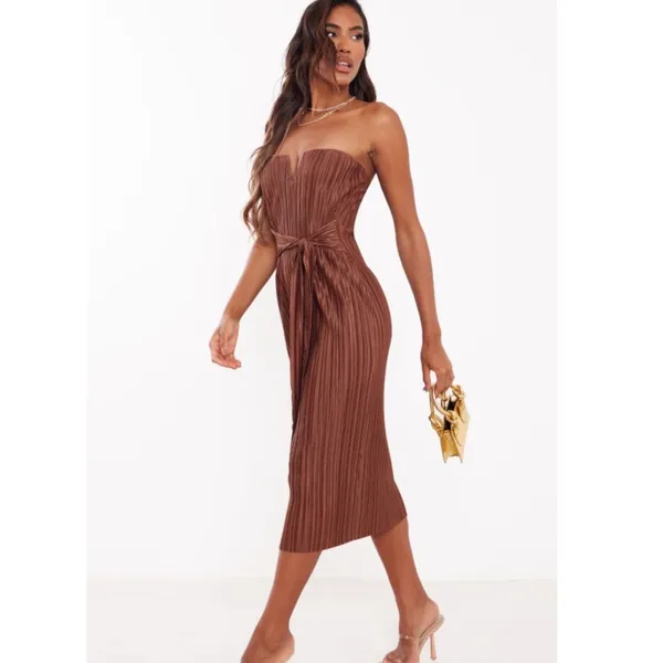 New PrettyLittleThing Chocolate Brown Plisse V Bar Tie‎ Waist Midi Dress Size 4 - Image 3