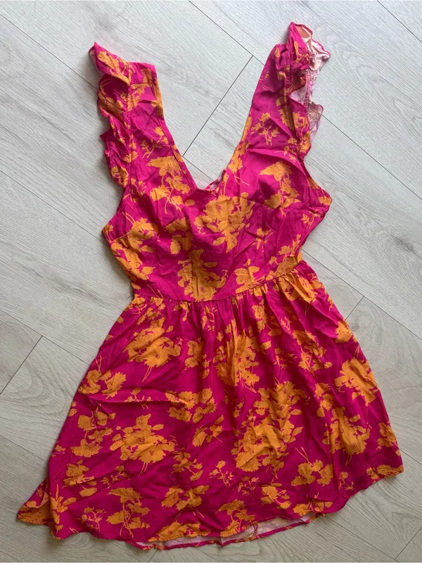 Cupshe Pink & Orange Floral Flutter Sleeve Mini Dress Sz M - Image 4