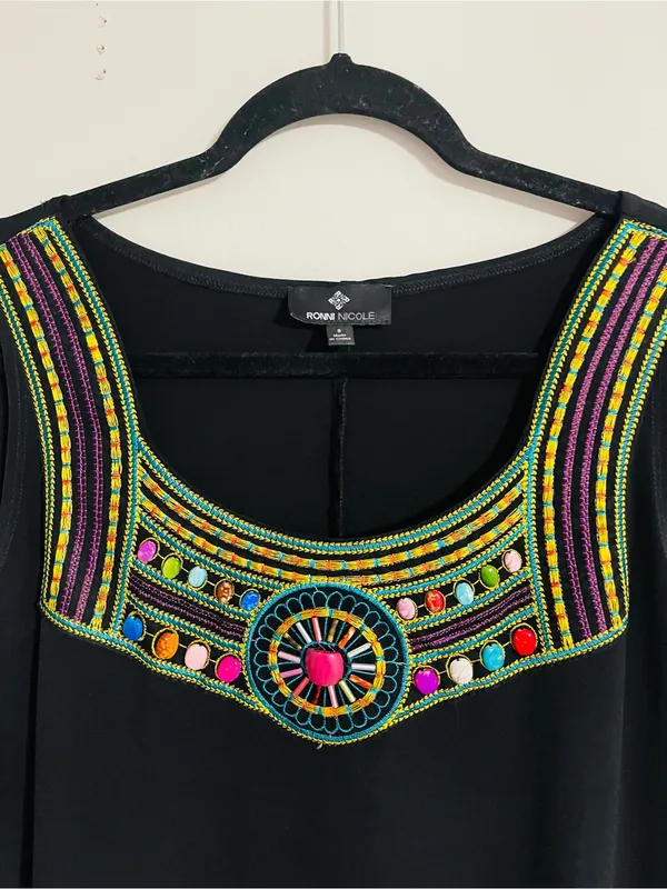 Vintage 90’s Ronni Nicole Black Boho Chic Sleeveless Mini Dress Beaded Neck Sz 8 - Image 4