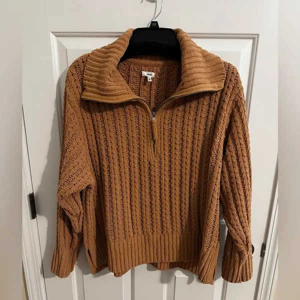 Aerie Cable Oversized Knit Stretch Sweater Quarter 1/4 Zip Soft Tan L - Image 2