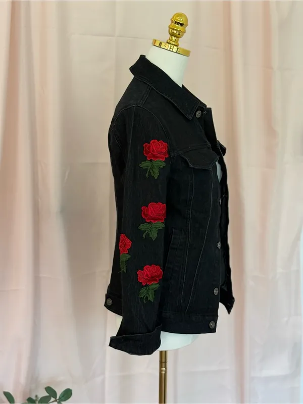 HAODUOYI Black Jean Jacket with Red Rose Embroidery - Image 2