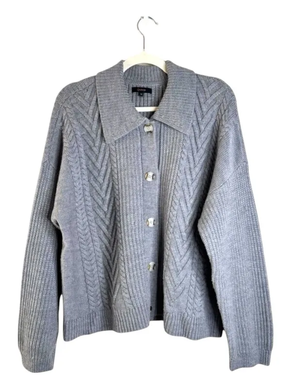 Quince Australian Merino Wool Collared Cable Cardigan Heather Grey XS - Image 2