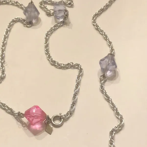 Sarah Coventry Vintage Silver Tone Pink & Blue Beaded Boho Necklace - Image 5