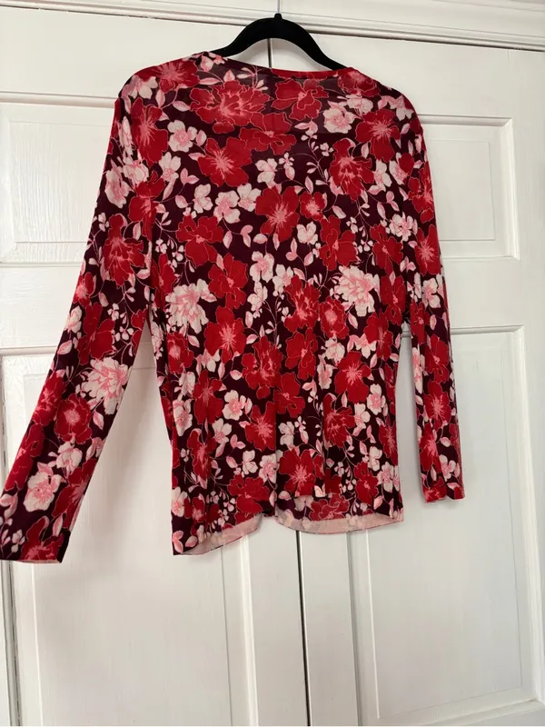 Garnet Hill Red Floral Button-Down Cardigan 100% Merino Wool Blouse Size Medium‎ - Image 12