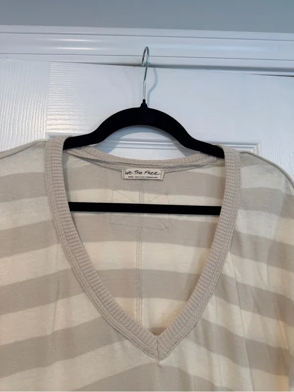 NWOT Free People We The Free Size S Tan Cream Striped Thermal Knit V Neck Top - Image 2