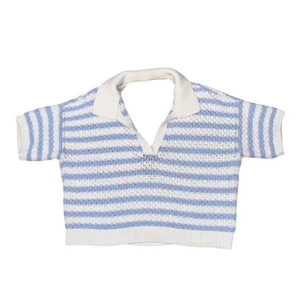 Maeve Anthropologie Knit Polo Top Womens Large Blue White Striped Surplice Back - Image 4