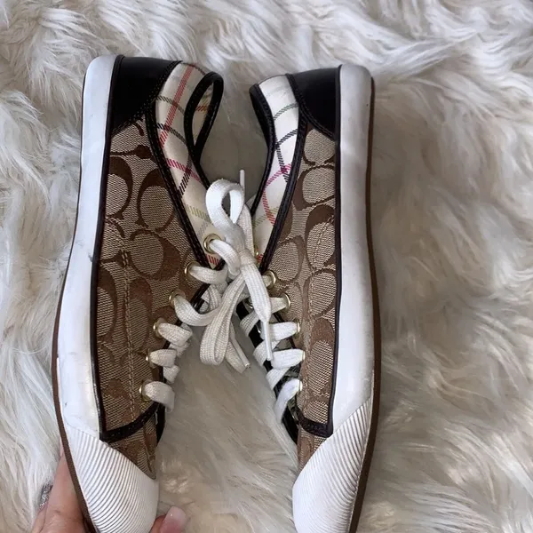 Coach Poppy Zorra Khaki Brown Signature Multicolor Tattersall Sneakers Size 8.5 - Image 5
