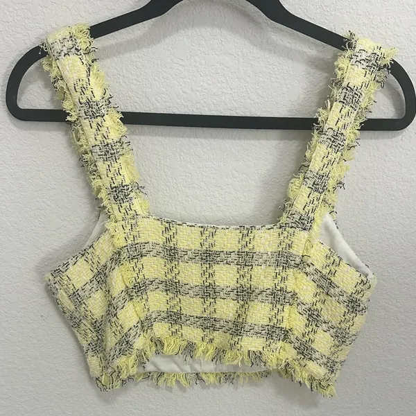 Zara Textured Weave Frayed Hem Yellow Black Tweed Clueless Crop Top Y2K Medium - Image 7