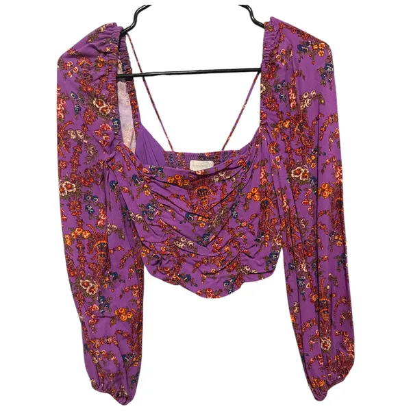 Urban Outfitters Purple Floral Ruched Long‎ Sleeve Crop Top Smocked Back XS - Image 4