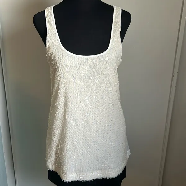 Express Dressy Women’s Ivory Translucent Sequin Long Scoop Neck Tank Top - Image 2