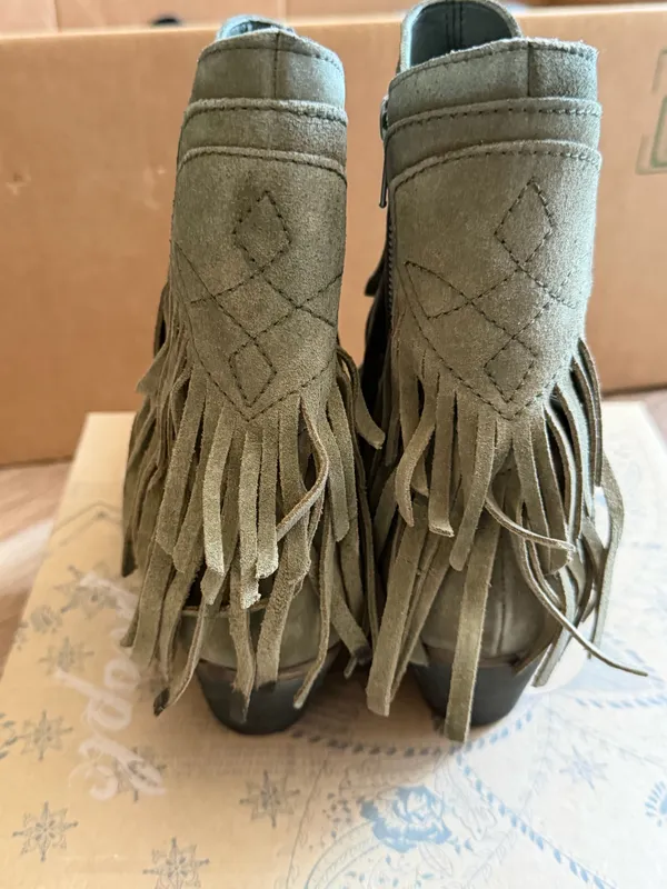 Free People Taupe Suede Leather Point Toe Lawless Fringe Western Boots - Image 5