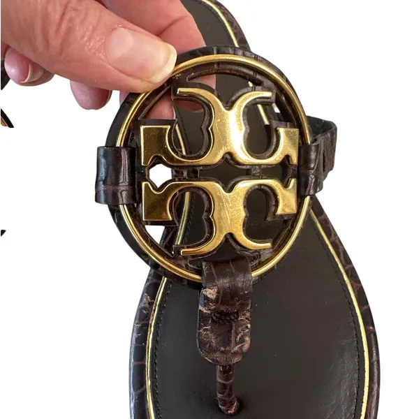 Tory Burch Metal Miller Croc Embossed Brown Sandals 8.5 - Image 11