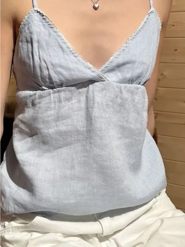Brandy Melville Pale Blue Linen V-Neck Spaghetti Strap Cami - Image 8
