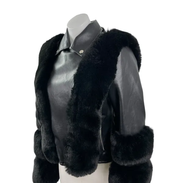 Women's Black Faux Fur Trim Faux Vegan Leather Crop Moto Biker Coat Jacket Sz S - Image 3