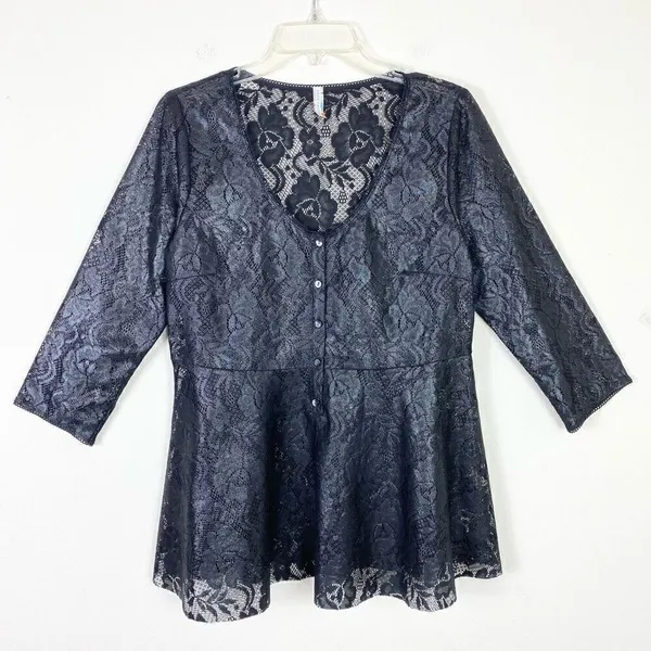 Free People Black Shimmer Sheer Floral Lace Henley Neck Flare Blouse Top Size L - Image 3
