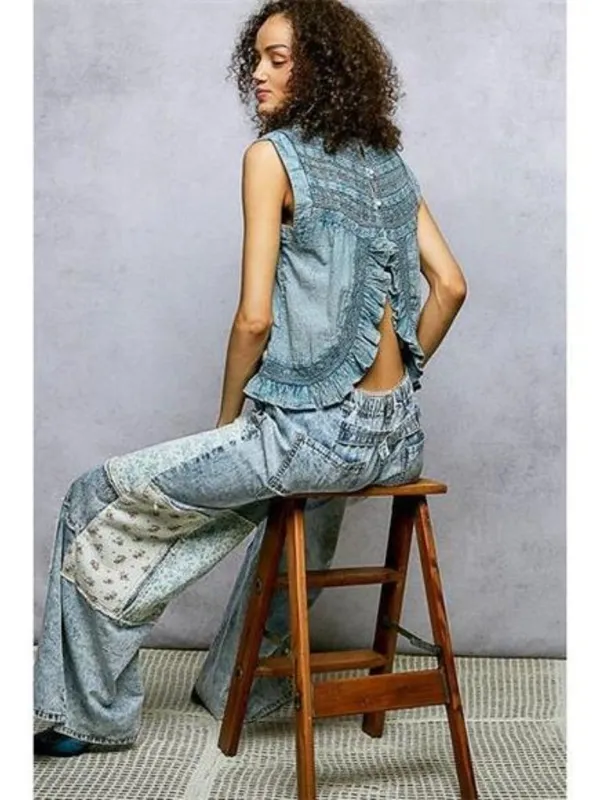 POL Button Closure on Back Ruffled Sleeveless Cotton Blouse with Trim Detail‎ - Image 5
