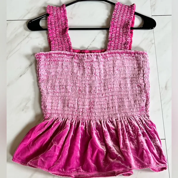 Anthropologie Pink Smocked peplum velvet sleeveless blouse size s - Image 3