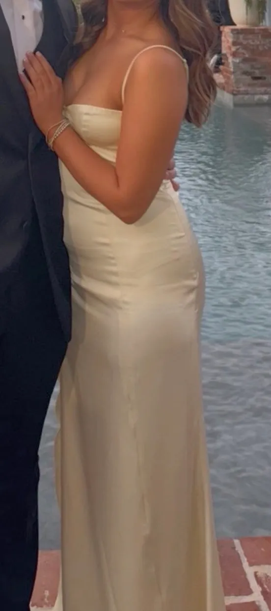 Cream satin dress with spaghetti straps and fitted silhouette!! Beautiful dress. Perfect for formals. - Image 2