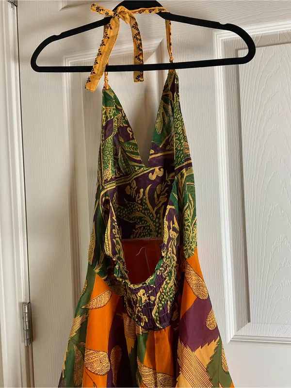 Raj 100% Silk Boho Halter Dress Size S Multi-Color Patchwork India - Image 11