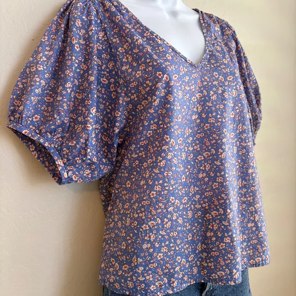 Madewell Blue Floral Puff‎ Sleeve V Neck Casual Blouse Top Women XS Boho Peasant - Image 2