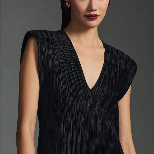 By ANTHROPOLOGIE Black Ruched V-Neck Side Slits Midi Dress Plissé Finish Size XS - Image 2