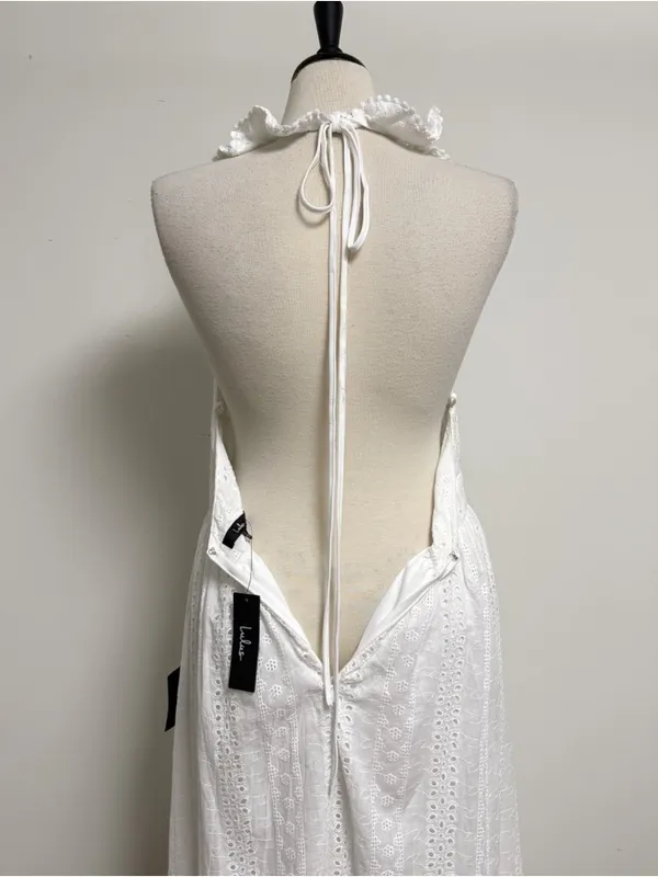 Lulus White Eyelet Halter Ruffle V Neck Ruffle Sicilian Sun Midi Dress New Large - Image 7
