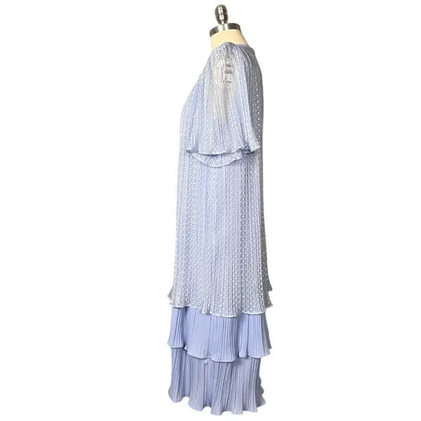 Vintage 80s Risa Ann Baby Blue Shimmer Pleated Tiered Dress S/M - Image 4