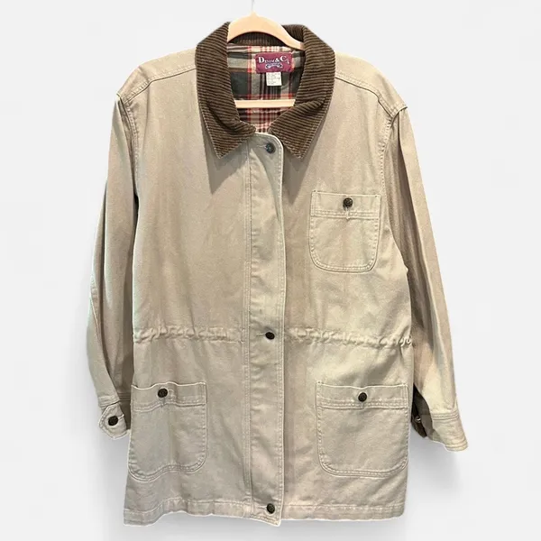 Vintage Tan Barn Coat Corduroy Collar Cotton Utility Jacket Chore Coat Large - Image 5