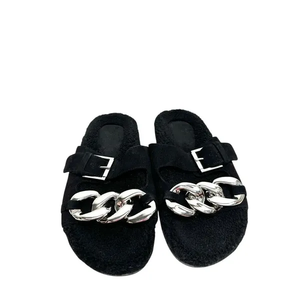 Marc Fisher LTD Fresno‎ Black Leather Faux Fur Chain Slide Sandals Size 6 - Image 4