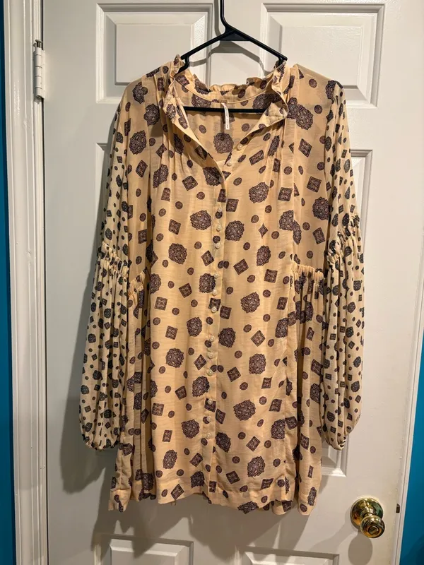 Free People Turn Turn Balloon Sleeve Mini Swing Dress beige sz M boho - Image 3