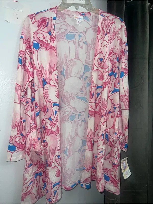 New Lularoe Pink Blue Flamingo Print Open Front Cardigan Medium - Image 2