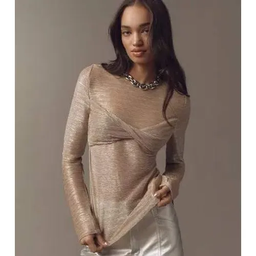Anthropologie Top Women XL Gold Twisted Knot Metallic‎ Long Sleeve Shimmer Sable - Image 3