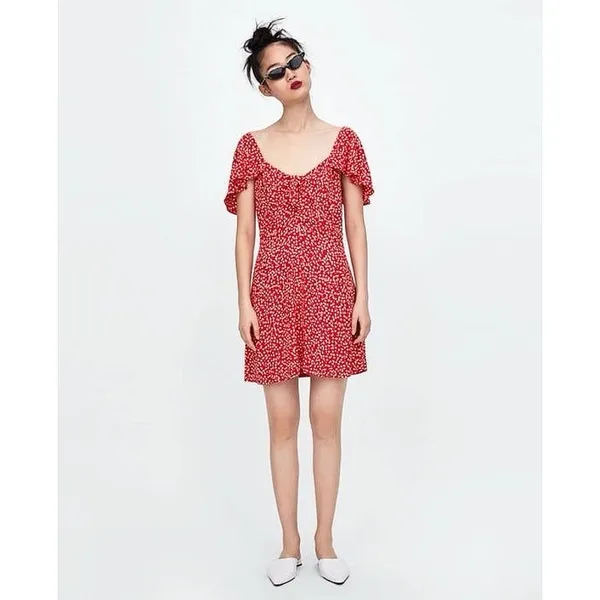 Zara Red Floral Sweetheart Neck Flutter Sleeve Bow Smocked Back Mini Dress Sz S - Image 2