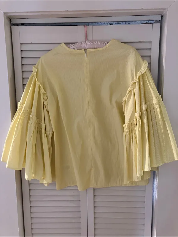 Anthropologie dRA Los Angeles Striped Yellow Bell Sleeve Ruffled Top XS - Image 4