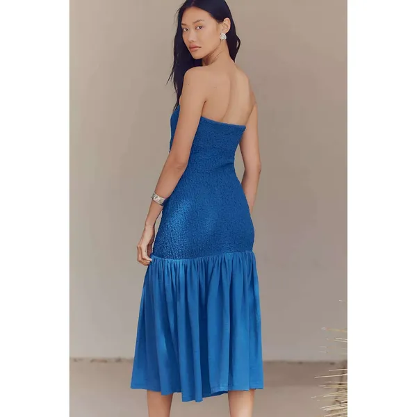 Anthropologie NWT Celadine Strapless‎ Popcorn Midi Dress Smocked Blue Size Small - Image 2