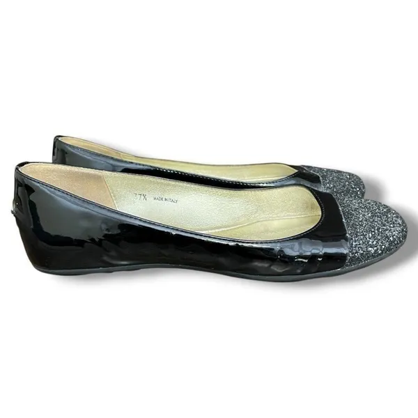 Jimmy Choo Black Patent Leather Silver Glitter Toe Ballet Flat Size 37.5 - Image 4