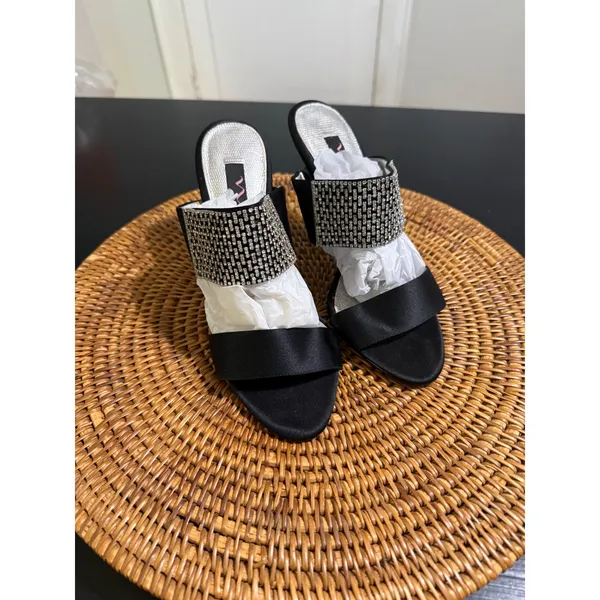 Nina Black Satin Rhinestone Buckle Mule Heels Stiletto Sandals 7M EUR 37 - Image 3