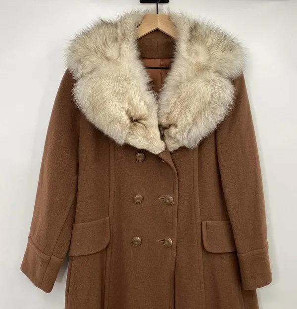 Vintage Wool Princess Coat Rabbit Fur Collar Union Made USA Brown Medium Large - Image 4