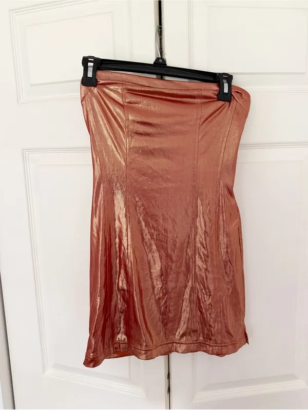 Urban Outfitters Kristy Disco Metallic Mini Dress Strapless Orange Shiny Small - Image 4