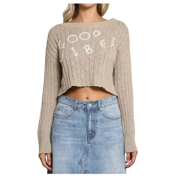 “Good Vibes” Rib Knit Crop Long Sleeve Sweater Tan Size Medium‎ - Image 5