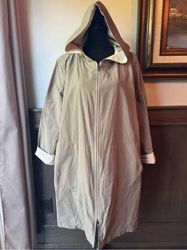 Eileen Fisher cream & gray reversible Hooded Trench Coat - Image 3