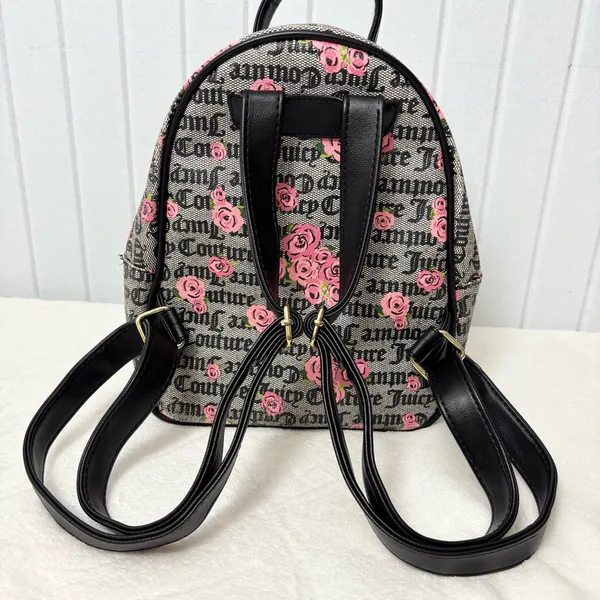 Juicy Couture Pink Rose Print‎ Black Logo Faux Leather Backpack - Image 4