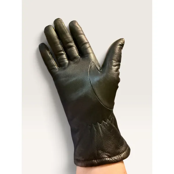 Fownes Black Genuine Leather Lined Gloves Women 7.5 Zigzag Stitch Detail - Image 2