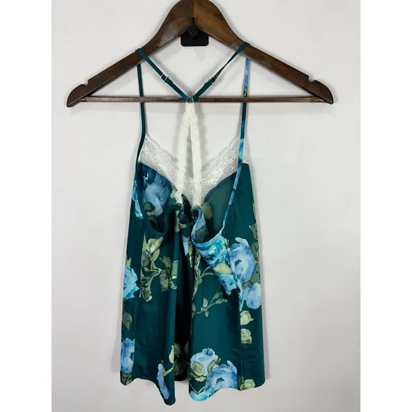 Apt. 9 Camisole Women Small Teal Blue Floral Lace Trim Satin Racerback Sleep Top - Image 2