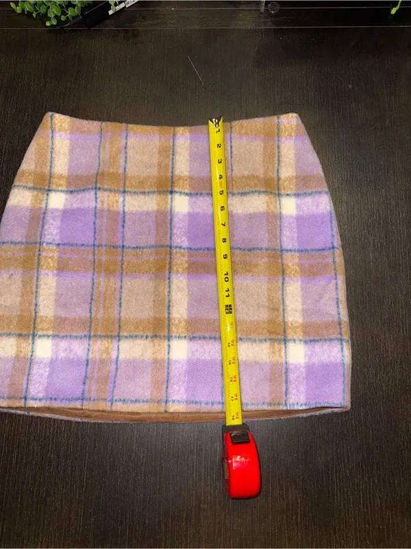 Skies Are Blue Lavender Plaid Mini Skirt with Tan and Cream Accents - Image 4