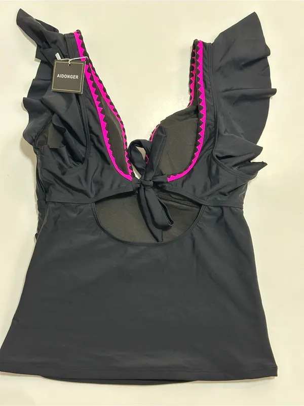 Black Tankini with Pink Trim V-Neck Swim Top - Image 2