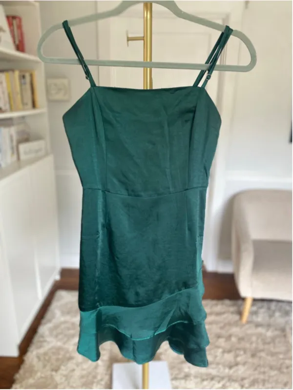 Lulus Emerald Satin Mini Dress Slip Ruffle Hem Elegant Wedding Guest Quiet Luxe‎ - Image 2
