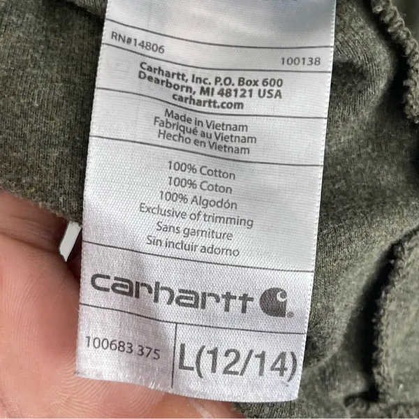 CARHARTT | Green Cotton V-Neck Long Sleeve Tee Sz L - Image 5