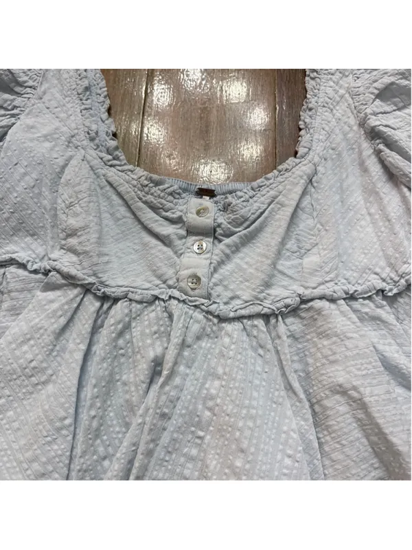 Free People Baby Blue Seersucker Puff Sleeve Babydoll Top Smocked Back S - Image 5