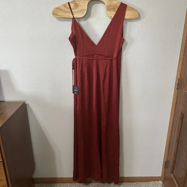 NEW Lulus‎ Satin Wrap Maxi Dress Size XL Rust Sleeveless Bridesmaid Formal - Image 4